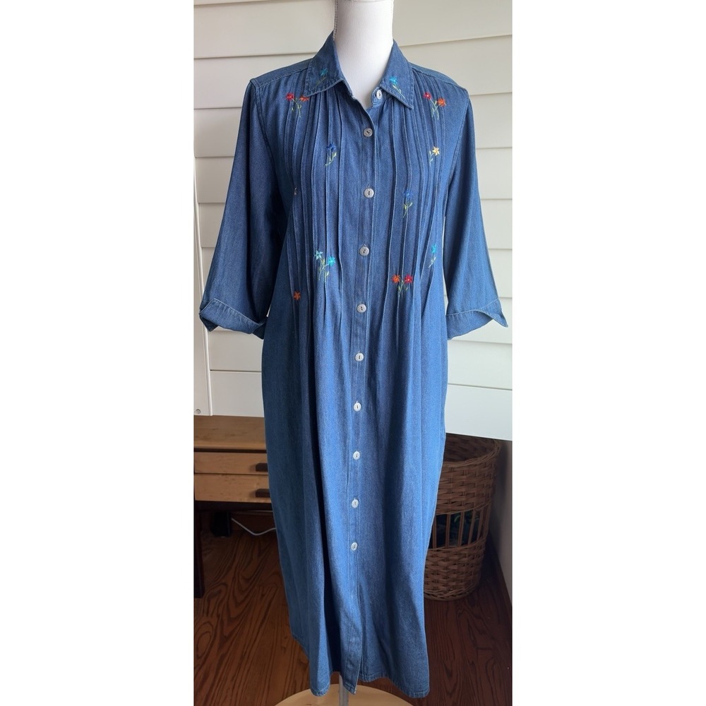 La Cera Pleated Denim Jumper Floral Embroidered Midi Shirt Dress Pockets M